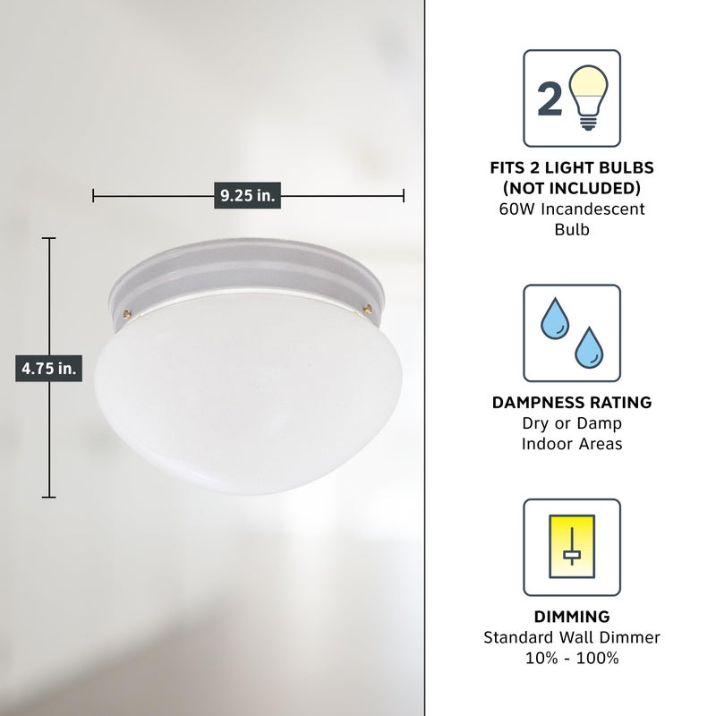 DESIGNERS FOUNTAIN 2-Lights Flush Mount Ceiling Light, 9 Inch Lighting Fixture for Kitchen, Bedroom, Bathroom, and Hallway, Frosted White Glass, White, 4732-WH - Image 4